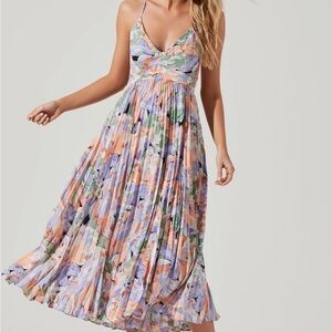 Astr Floral Pleated Maxi Dress in Lavender, Peach & Green